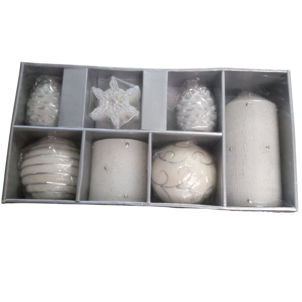 7 Piece Candle Set Elegant Assorted Designs Silver White Figural Sculpted NEW